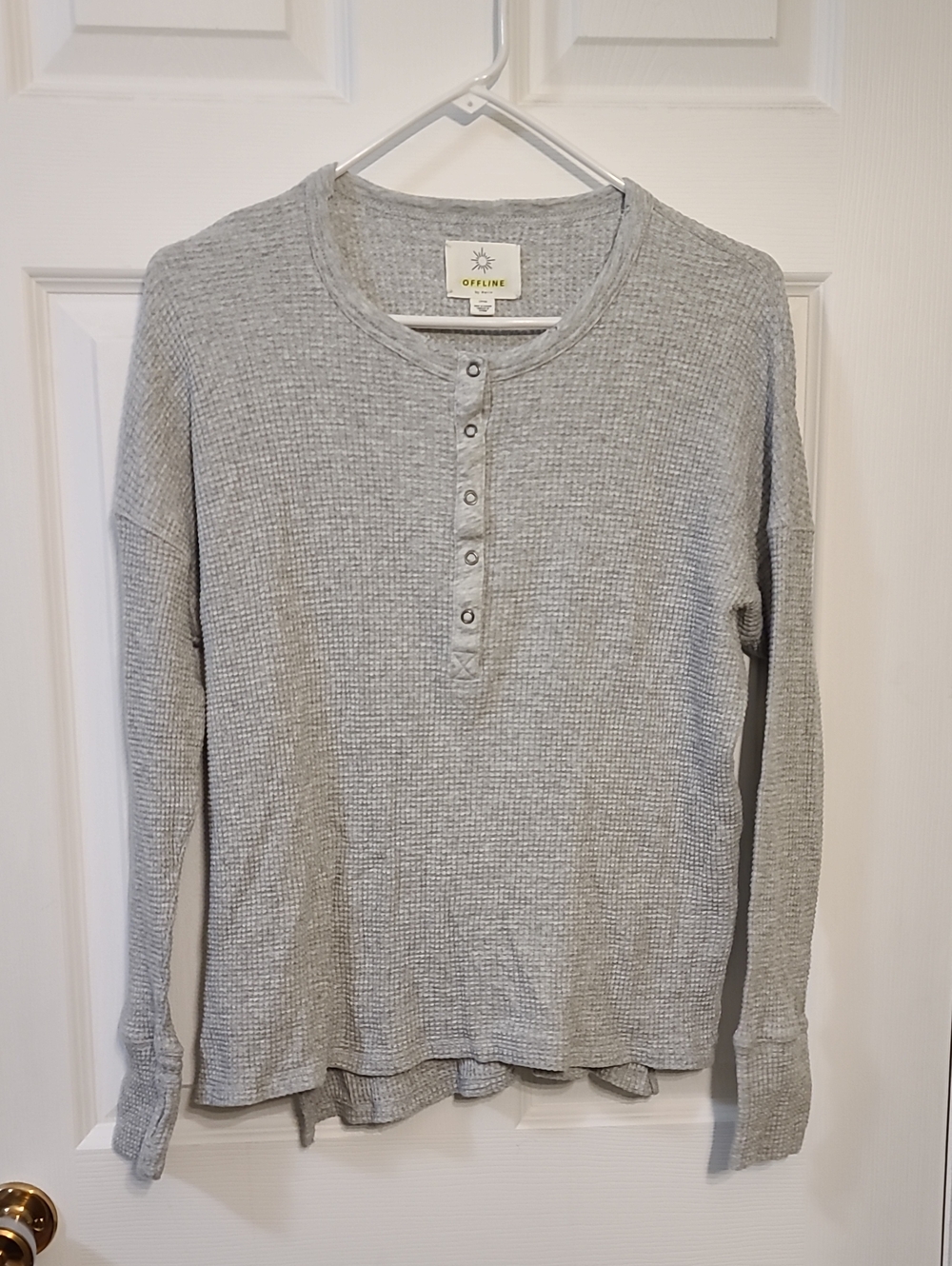 Aerie Offline Waffle Knit Henley Long Sleeve Heathered Grey Lounge Casual Comfy